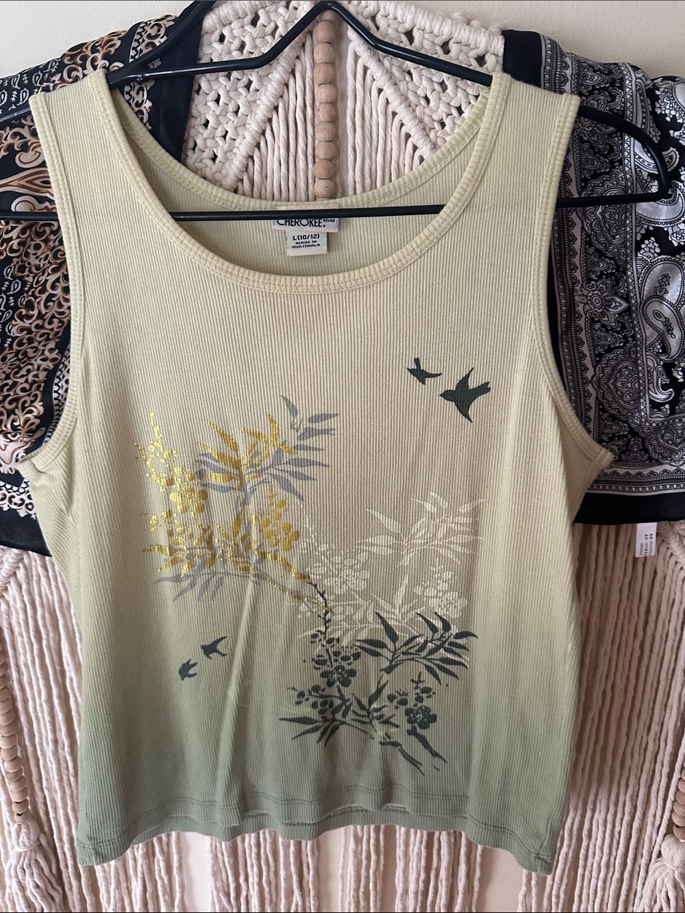 Cherokee Sage Green Ribbed Scoop Neck Tank with Botanical Print